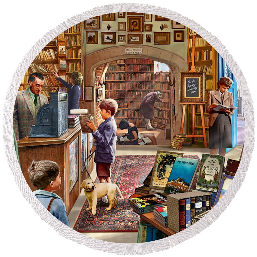 Children Round Beach Towel featuring the digital art Bookshop by MGL Meiklejohn Graphics Licensing
