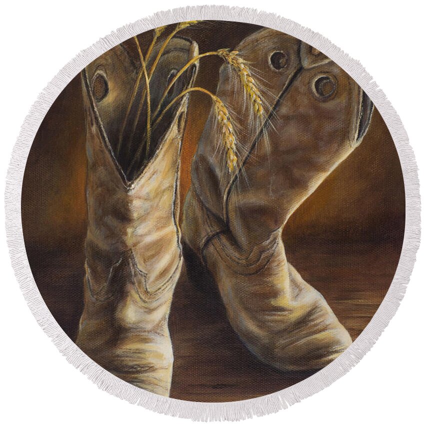 Cowboy Boots Round Beach Towel featuring the painting Boots and Wheat by Kim Lockman