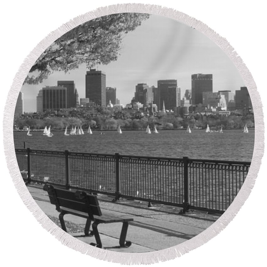 Boston Round Beach Towel featuring the photograph Boston Charles River black and white by John Burk