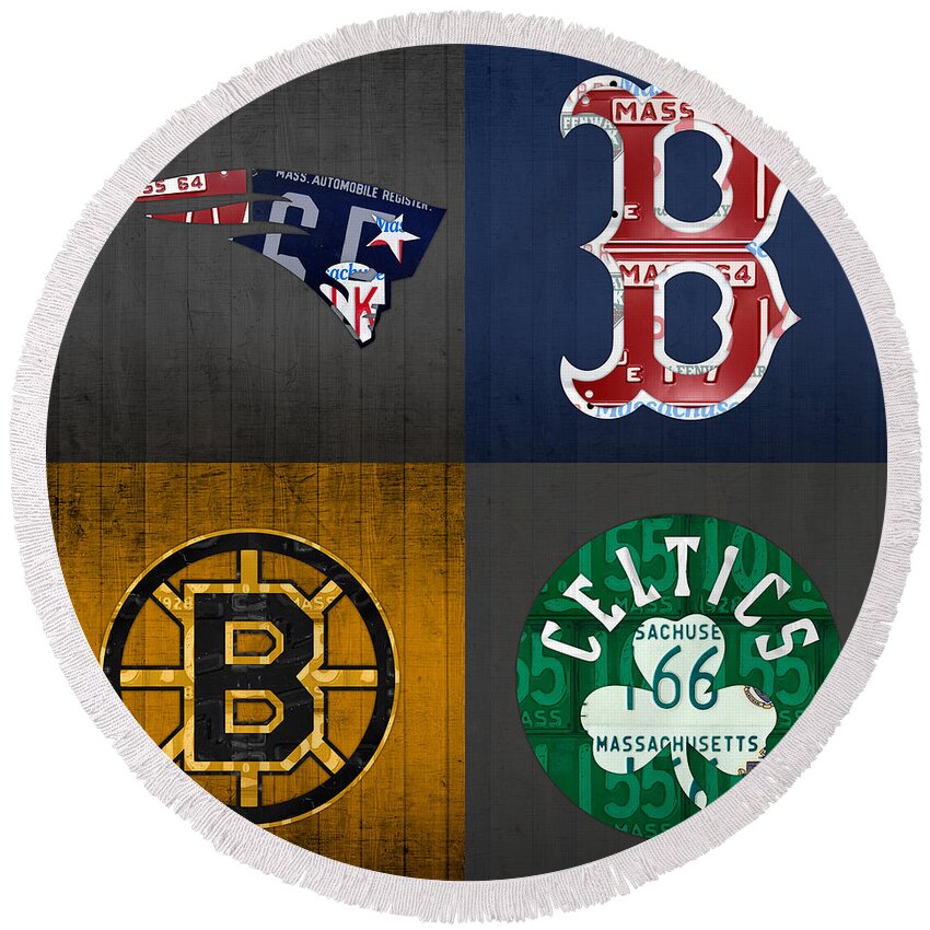 Boston Round Beach Towel featuring the mixed media Boston Sports Fan Recycled Vintage Massachusetts License Plate Art Patriots Red Sox Bruins Celtics by Design Turnpike