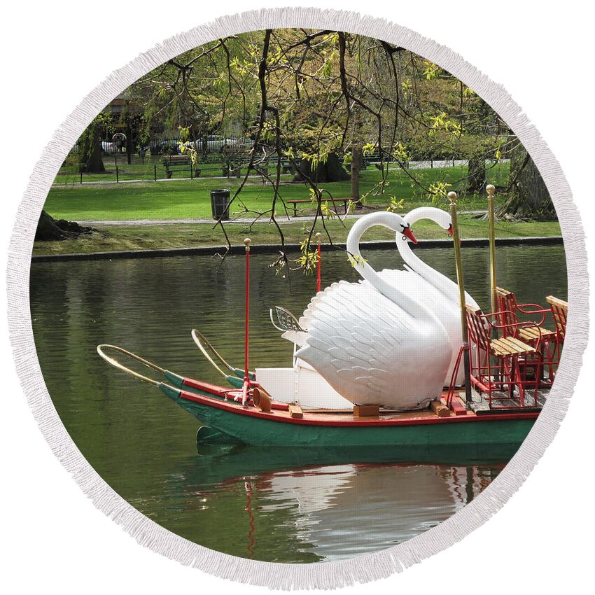 Landscape Round Beach Towel featuring the photograph Boston Swan Boats by Barbara McDevitt