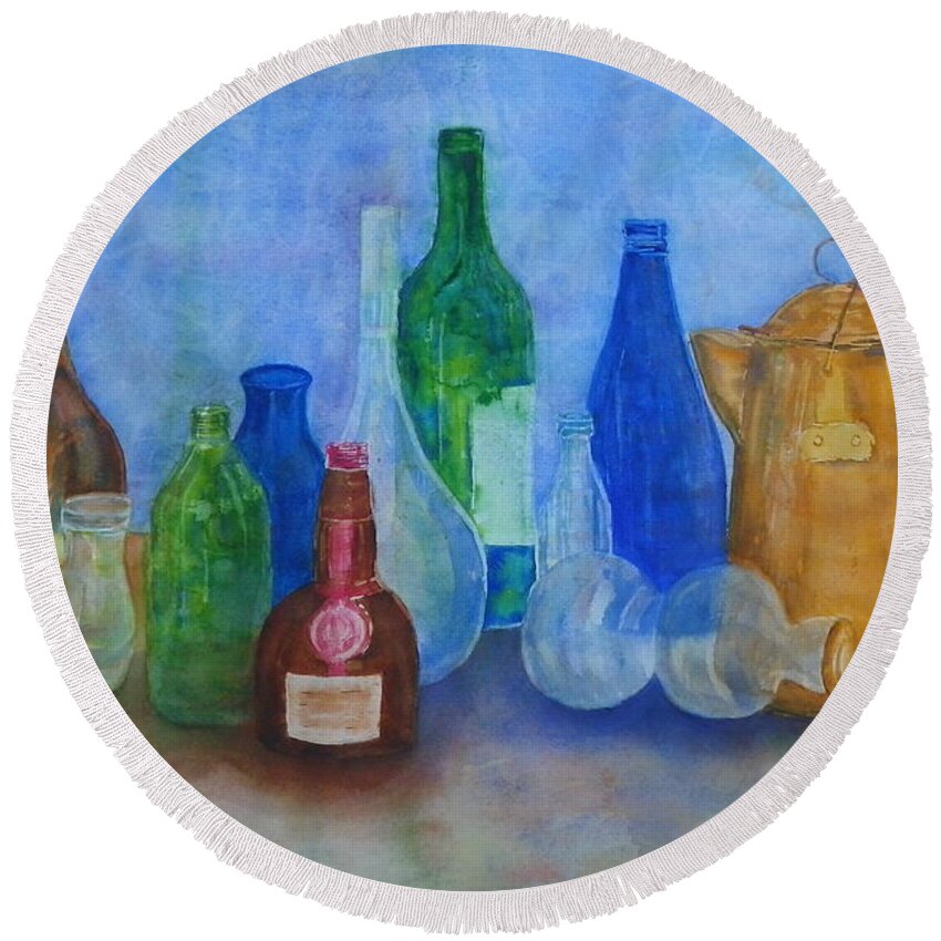 Wine Round Beach Towel featuring the painting Bottles Collection by Anna Ruzsan