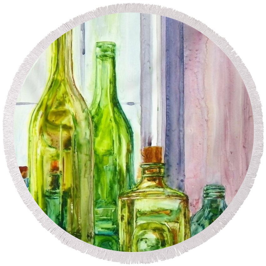 Bottle Round Beach Towel featuring the painting Bottles - Shades of Green by Anna Ruzsan