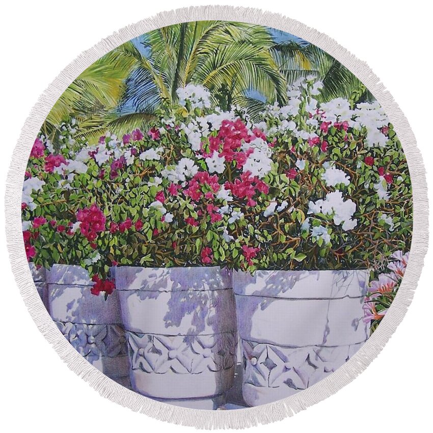 Flowers Round Beach Towel featuring the mixed media Bougainvillea by Constance Drescher