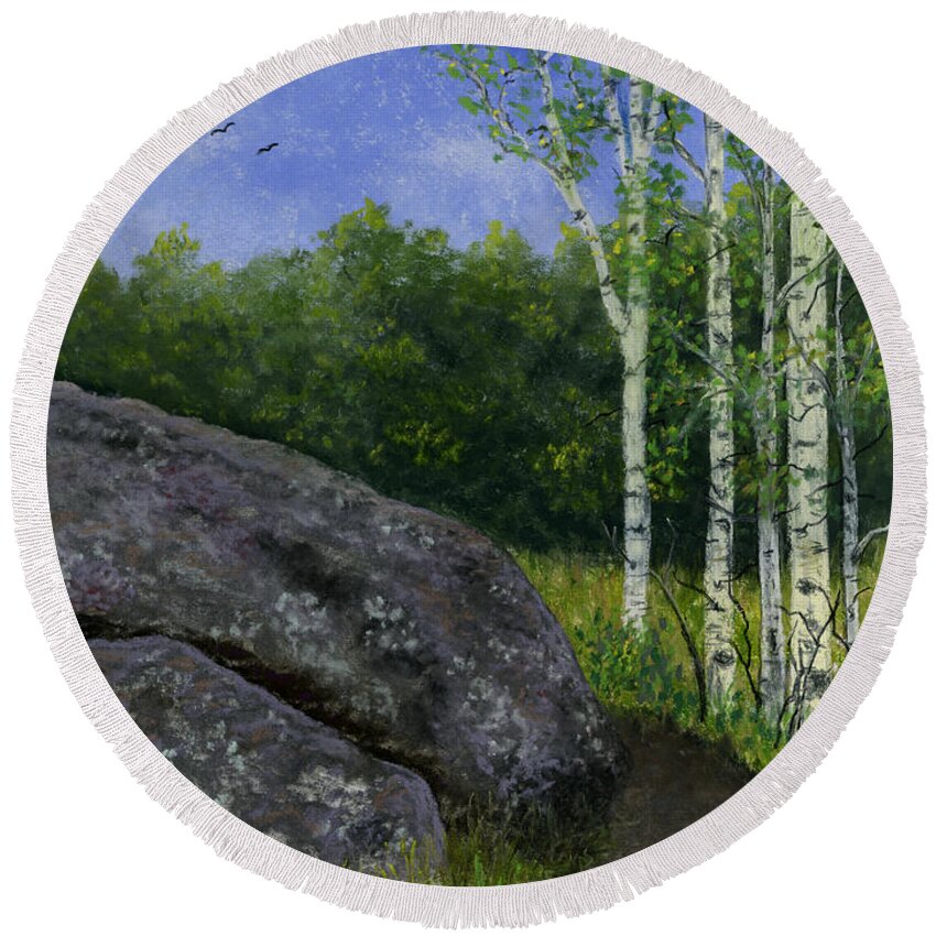 Bend Round Beach Towel featuring the painting Boulder Trail by Ginny Neece