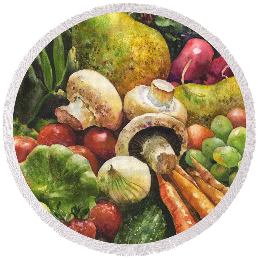 Vegetables Painting Round Beach Towel featuring the painting Bountiful by Anne Gifford