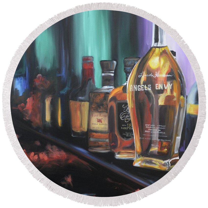Bourbon Round Beach Towel featuring the painting Bourbon Bar Oil Painting by Donna Tuten