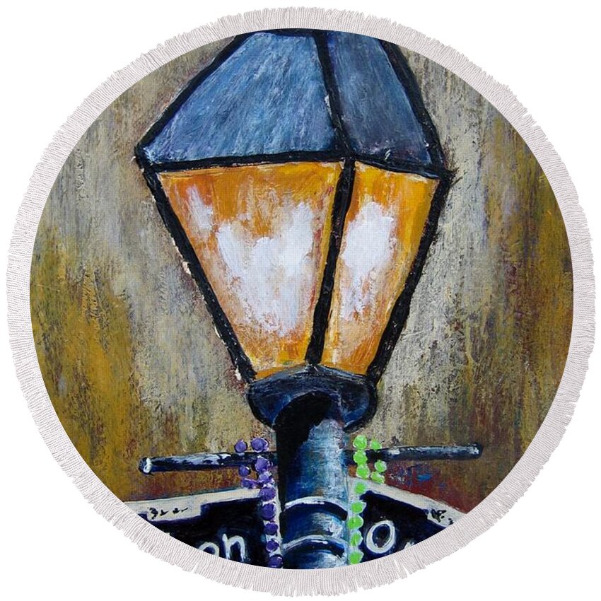 New Orleans Round Beach Towel featuring the painting Bourbon Light by Suzanne Theis