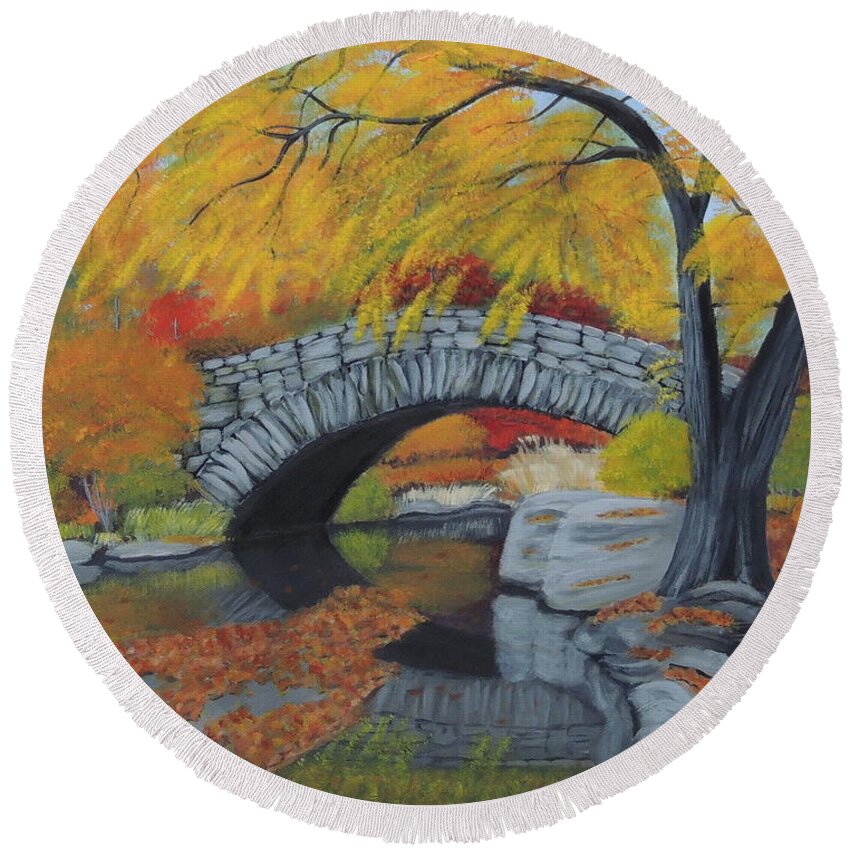 Bow Bridge Round Beach Towel featuring the painting Bow Bridge in Fall by Lisa MacDonald