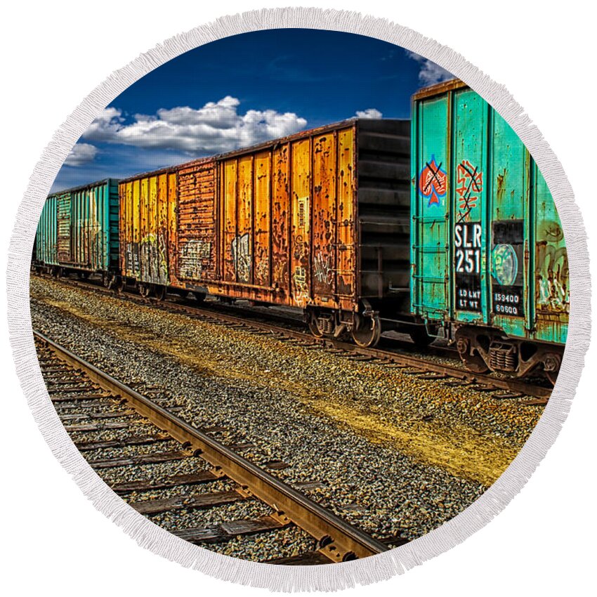 Train Round Beach Towel featuring the photograph Boxcars by Bob Orsillo