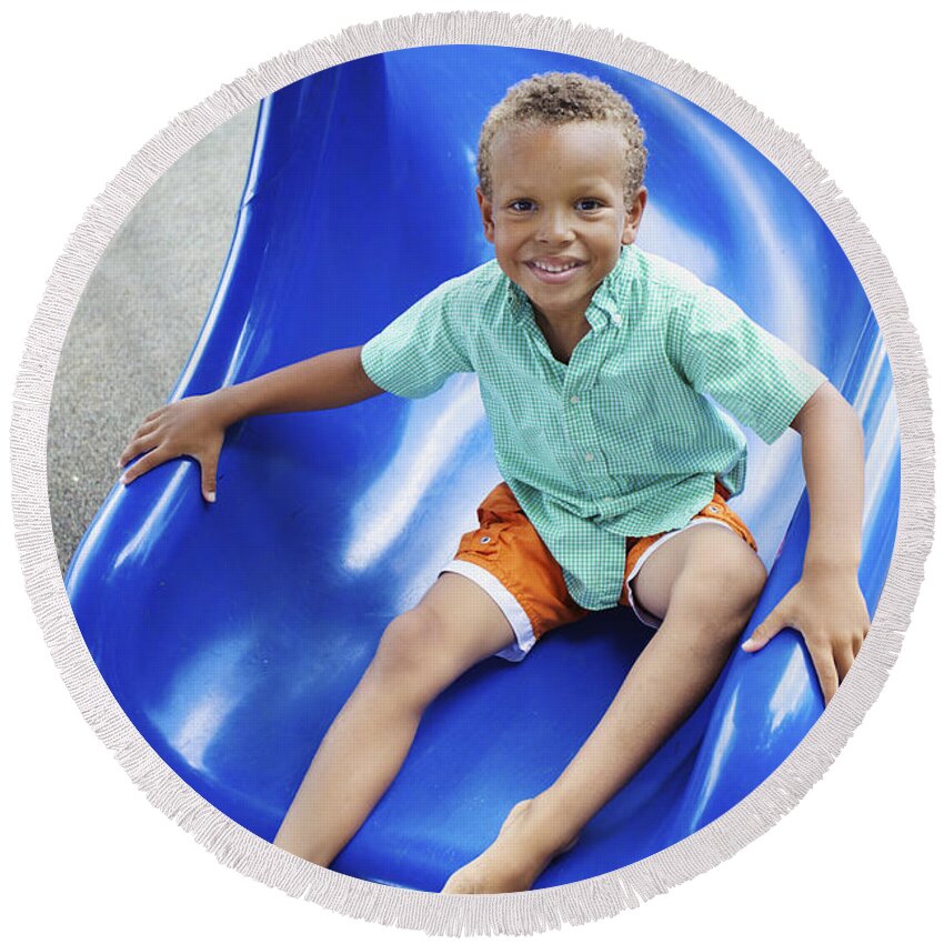 Blue Round Beach Towel featuring the photograph Boy on Slide by Kicka Witte