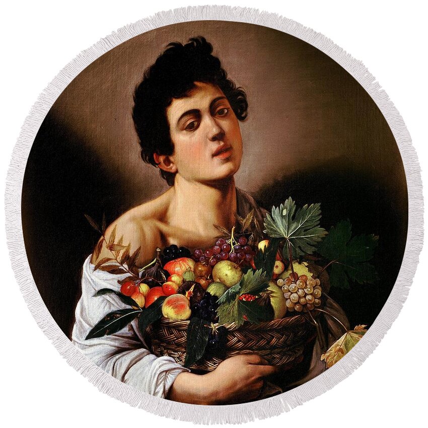 Michelangelo Merisi O Amerighi Da Caravaggio Round Beach Towel featuring the painting Boy with a Basket of Fruit by Caravaggio