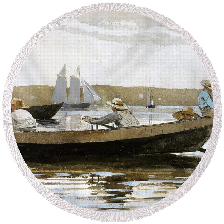 Winslow Homer Round Beach Towel featuring the drawing Boys in a Dory by Winslow Homer