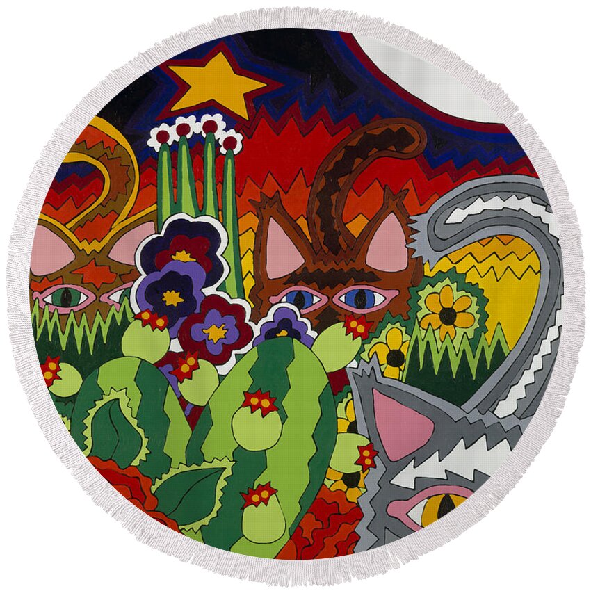 Cats Round Beach Towel featuring the painting Boys Night Out by Rojax Art