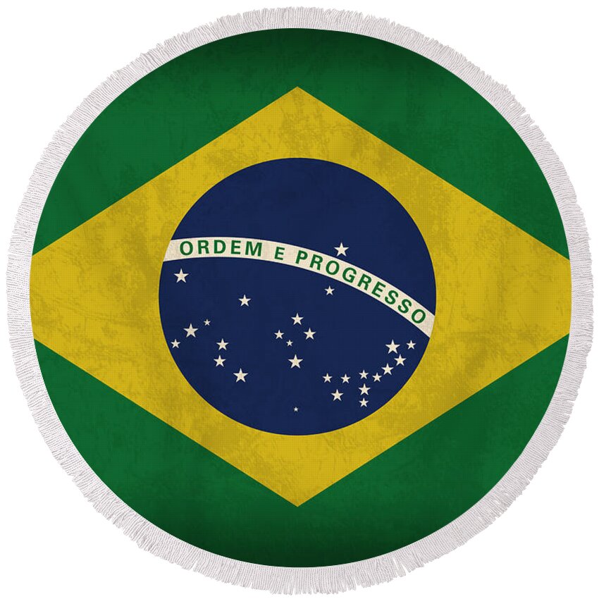 Brazil Flag Round Beach Towel featuring the mixed media Brazil Flag Vintage Distressed Finish by Design Turnpike