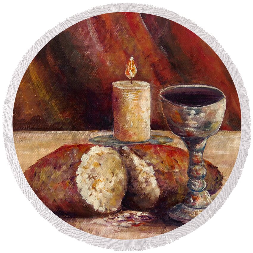 Bread And Wine Round Beach Towel featuring the painting Bread and Wine by Lou Ann Bagnall
