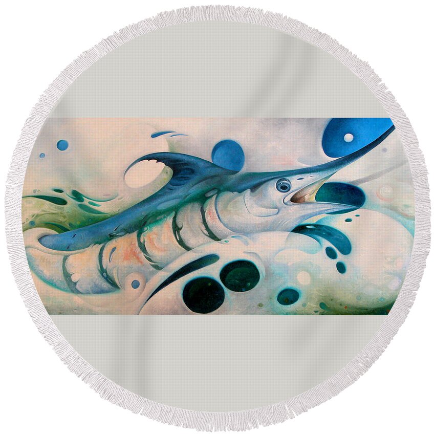 Blue Marlin Round Beach Towel featuring the painting Breaking the Surface Two O Clock by T S Carson