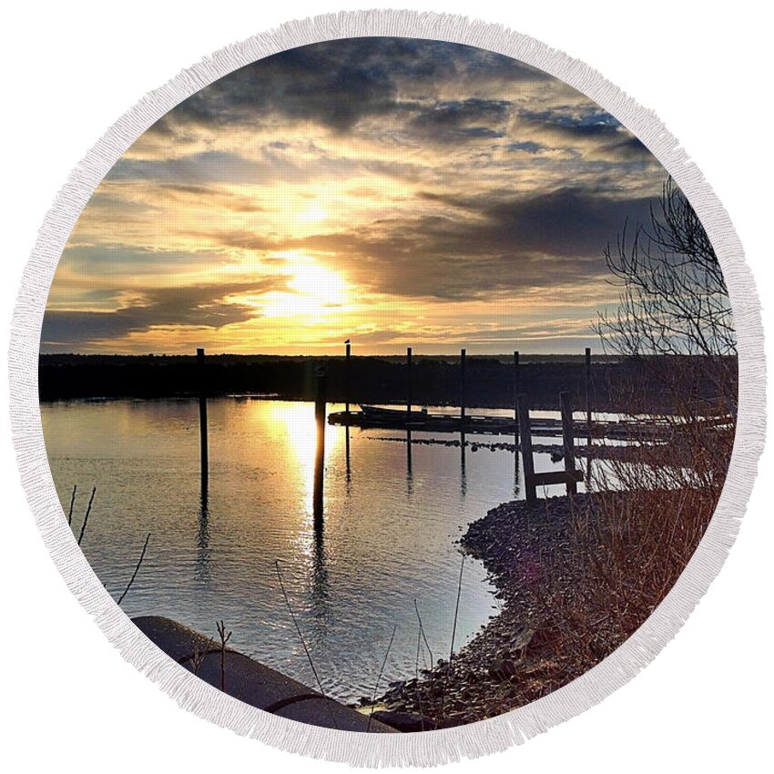 Sunset Round Beach Towel featuring the photograph Breakwater Boat Dock Sunset by Chriss Pagani