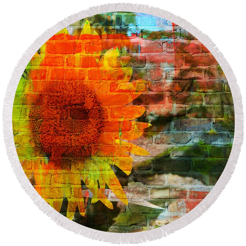 Sunflowers Round Beach Towel featuring the photograph Bricks and Sunflowers by Alice Gipson