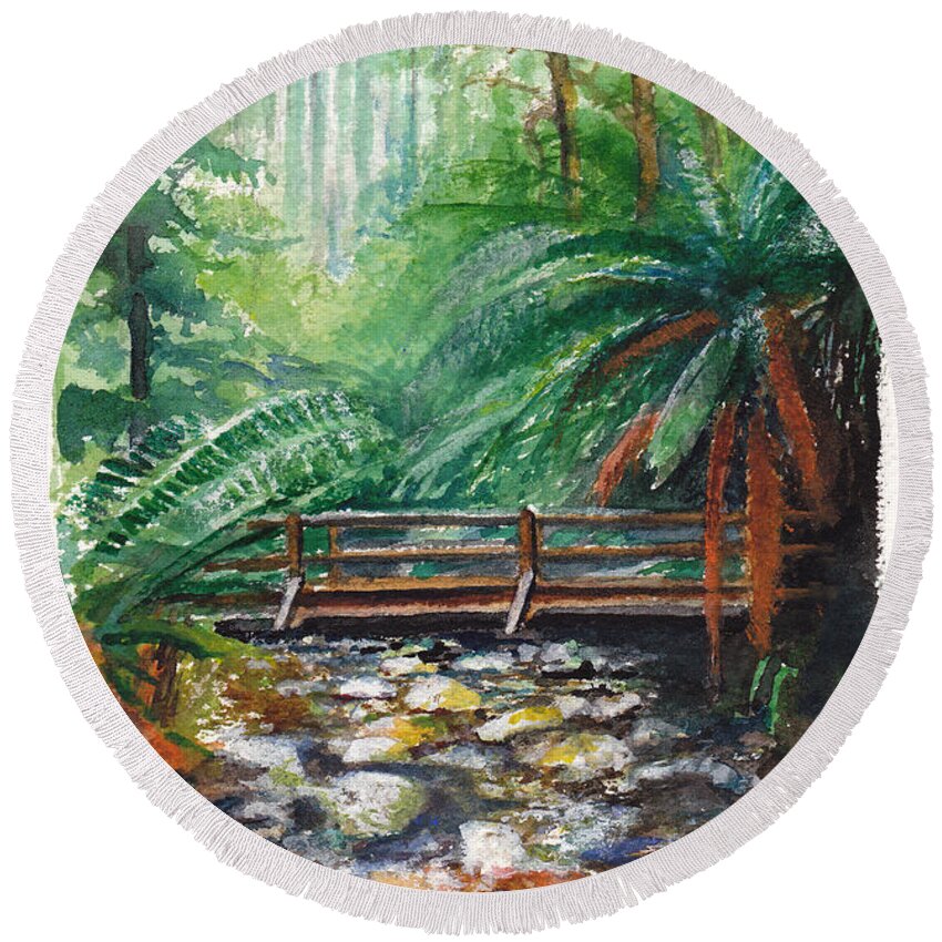 Rainforest Round Beach Towel featuring the painting Bridge over Badger Creek by Dai Wynn