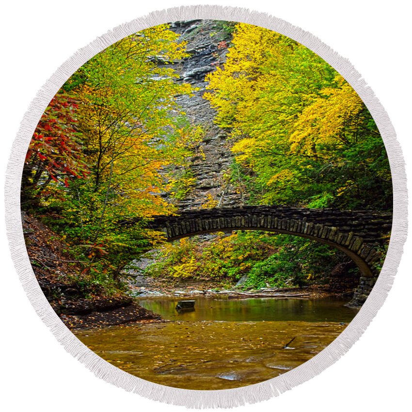 Joshua House Photography Round Beach Towel featuring the photograph Bridge Over Still Waters by Joshua House