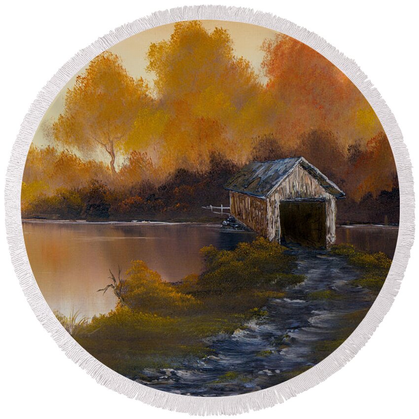 Landscape Round Beach Towel featuring the painting Covered Bridge in Fall by Chris Steele