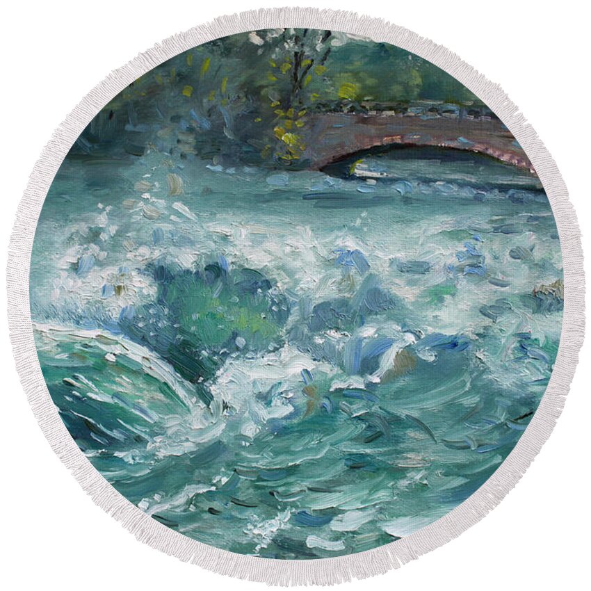 Goat Island Round Beach Towel featuring the painting Bridge to Goat Island by Ylli Haruni