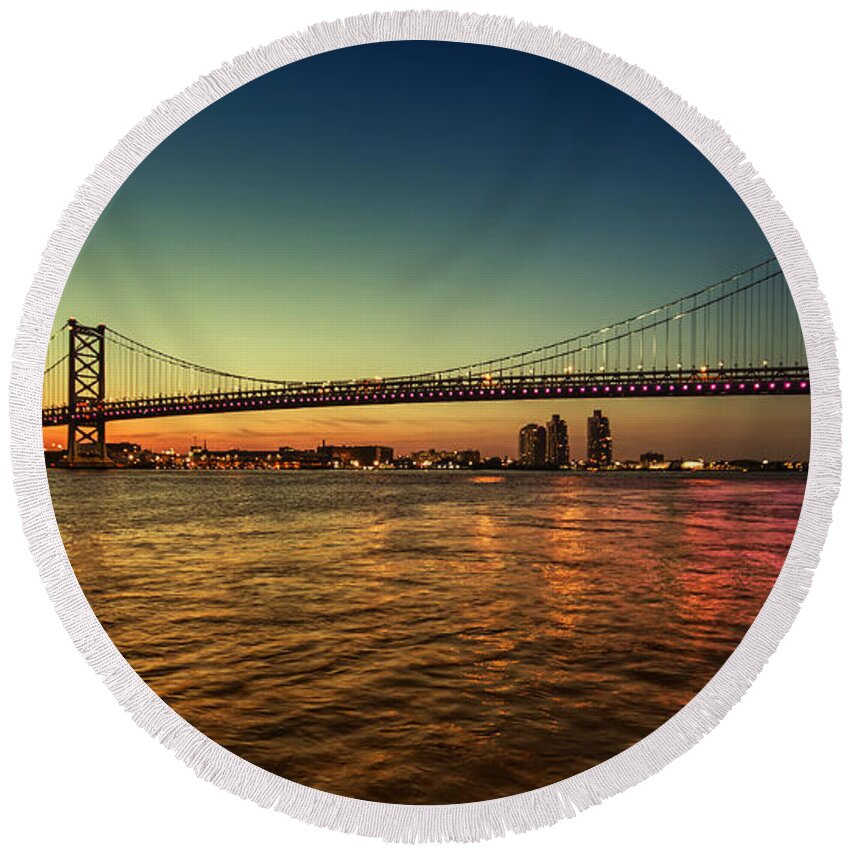 Landscape Round Beach Towel featuring the photograph Bridged Glow by Rob Dietrich
