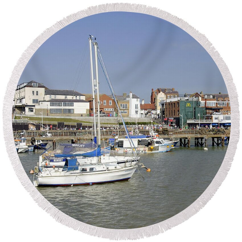 Bright Round Beach Towel featuring the photograph Bridlington Harbour Scene 02 by Rod Johnson