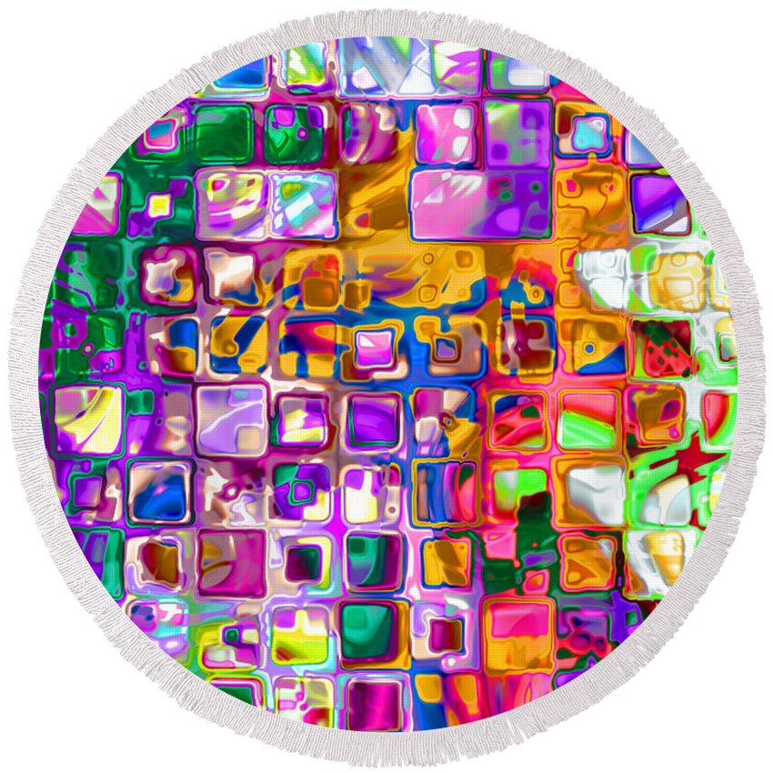 Abstract Round Beach Towel featuring the digital art Bright Boxes I by Debbie Portwood