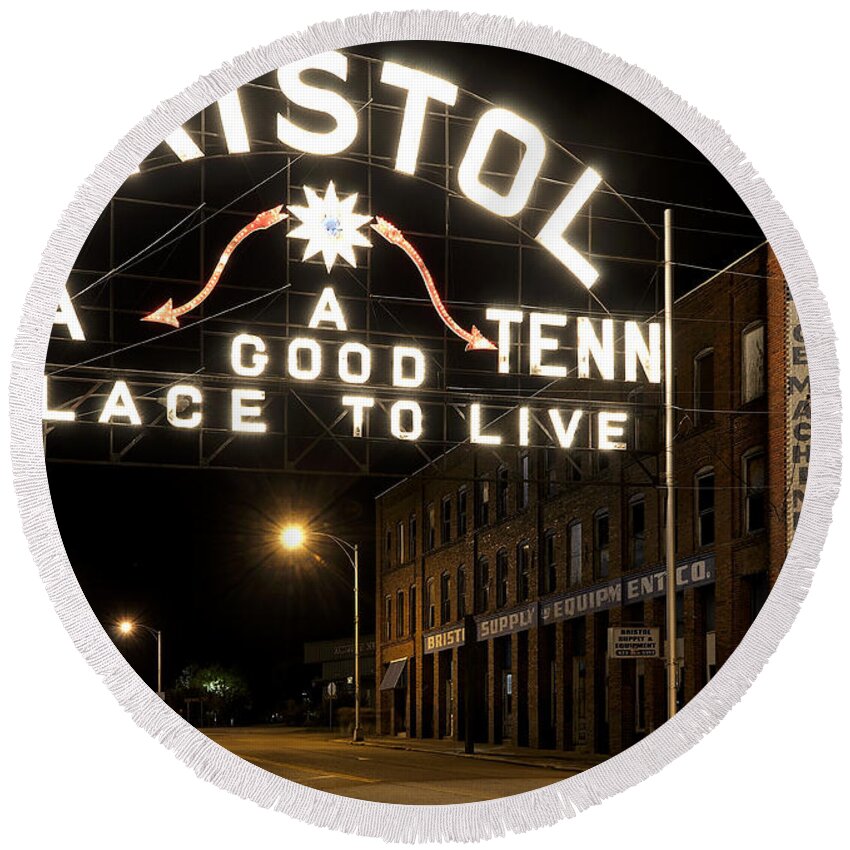 Bristol Round Beach Towel featuring the photograph Bristol Sign - Tennessee - Virginia by Brendan Reals