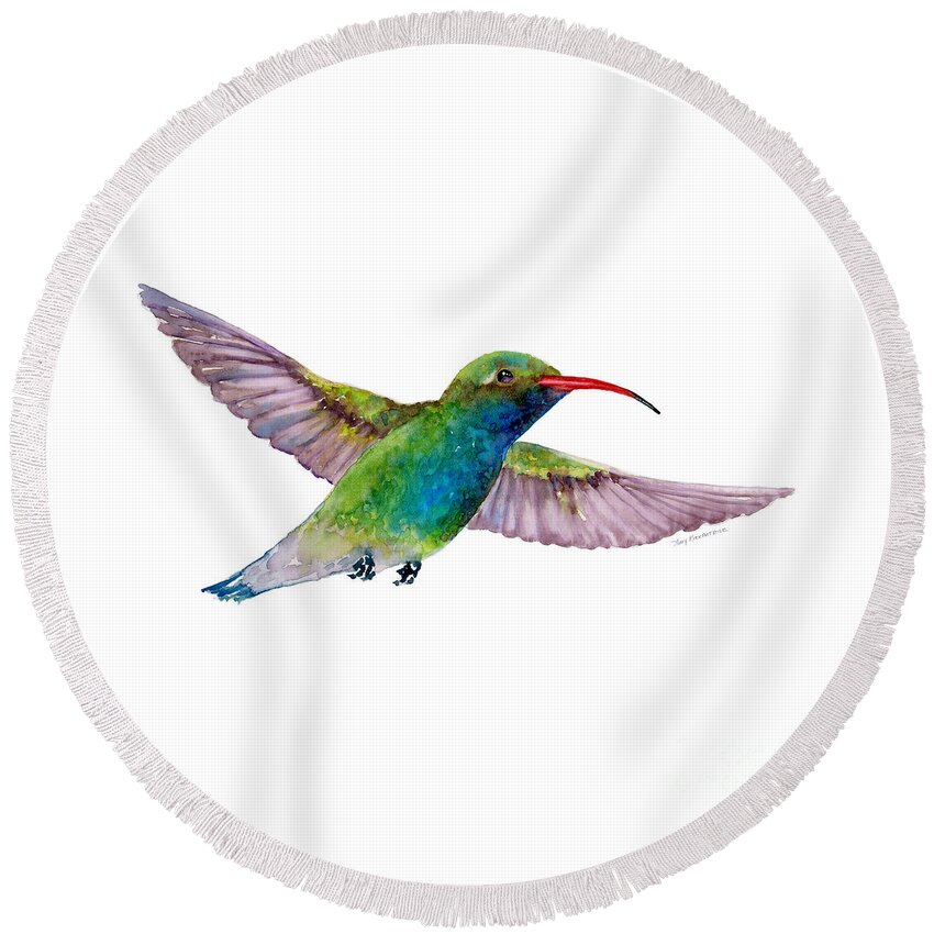 Bird Round Beach Towel featuring the painting Broad Billed Hummingbird by Amy Kirkpatrick