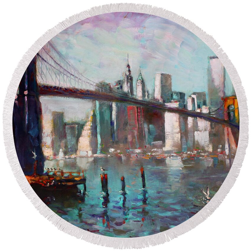Brooklyn Bridge Round Beach Towel featuring the painting Brooklyn Bridge and Twin Towers by Ylli Haruni