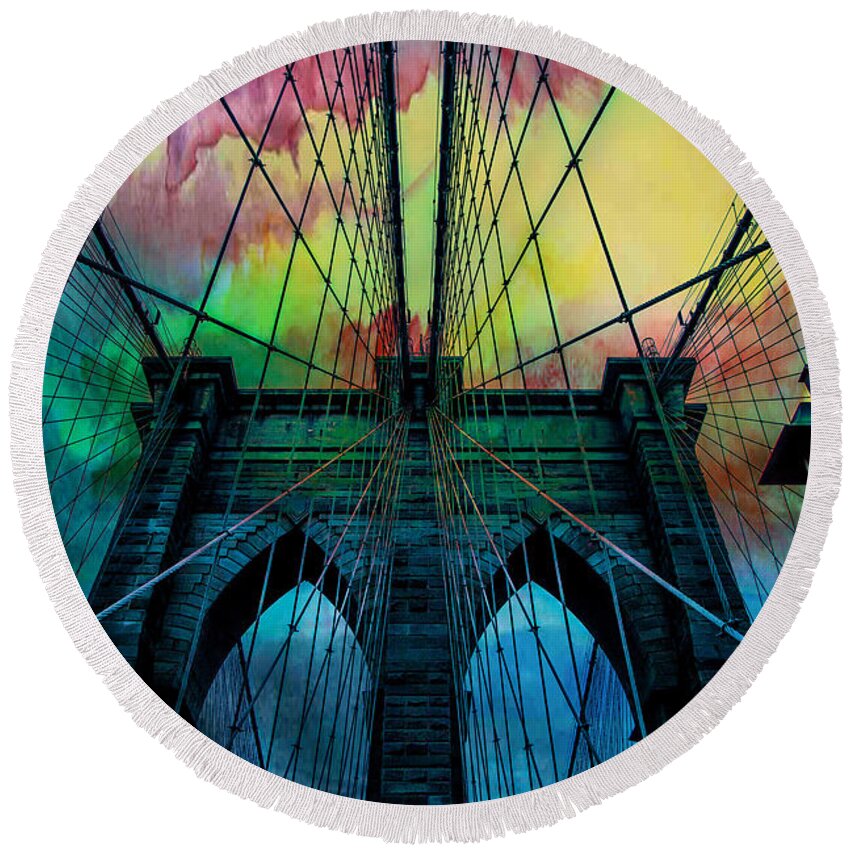 Brooklyn Bridge Round Beach Towel featuring the digital art Psychedelic Skies by Az Jackson