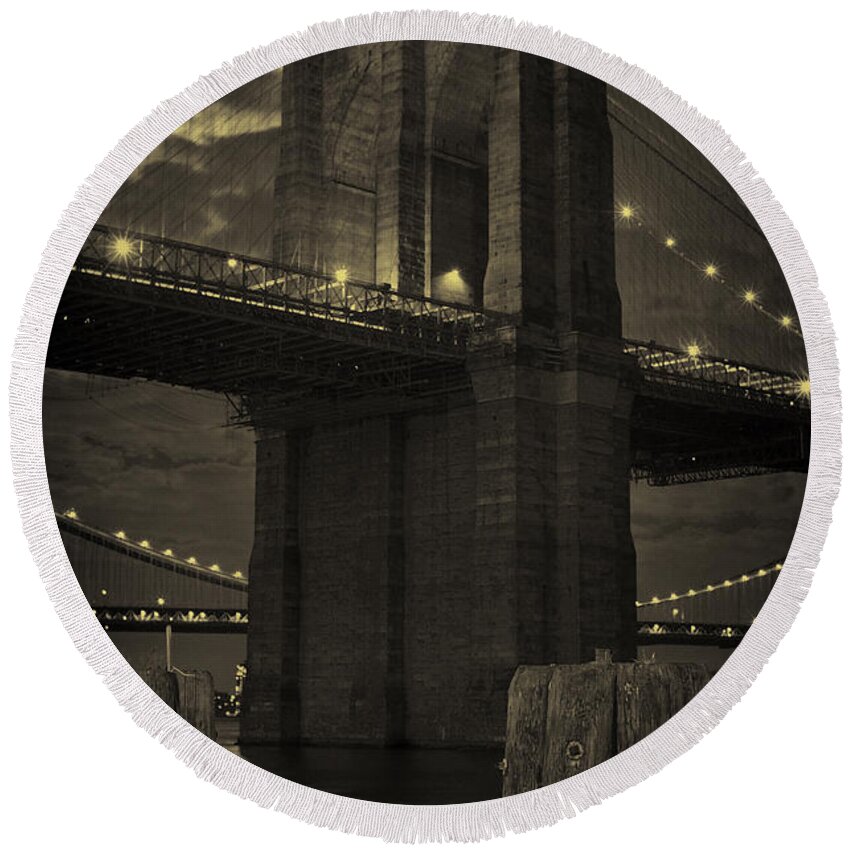 Brooklyn Bridge Round Beach Towel featuring the photograph Brooklyn Bridge Midnight by Joseph Hedaya