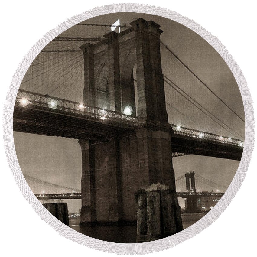 Brooklyn Bridge Round Beach Towel featuring the photograph Brooklyn Bridge Sepia Photofresco by Joseph Hedaya