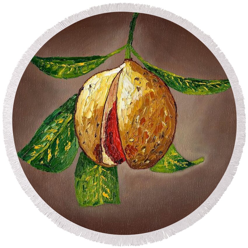 Nutmeg Round Beach Towel featuring the painting Brown Glow Nutmeg by Laura Forde