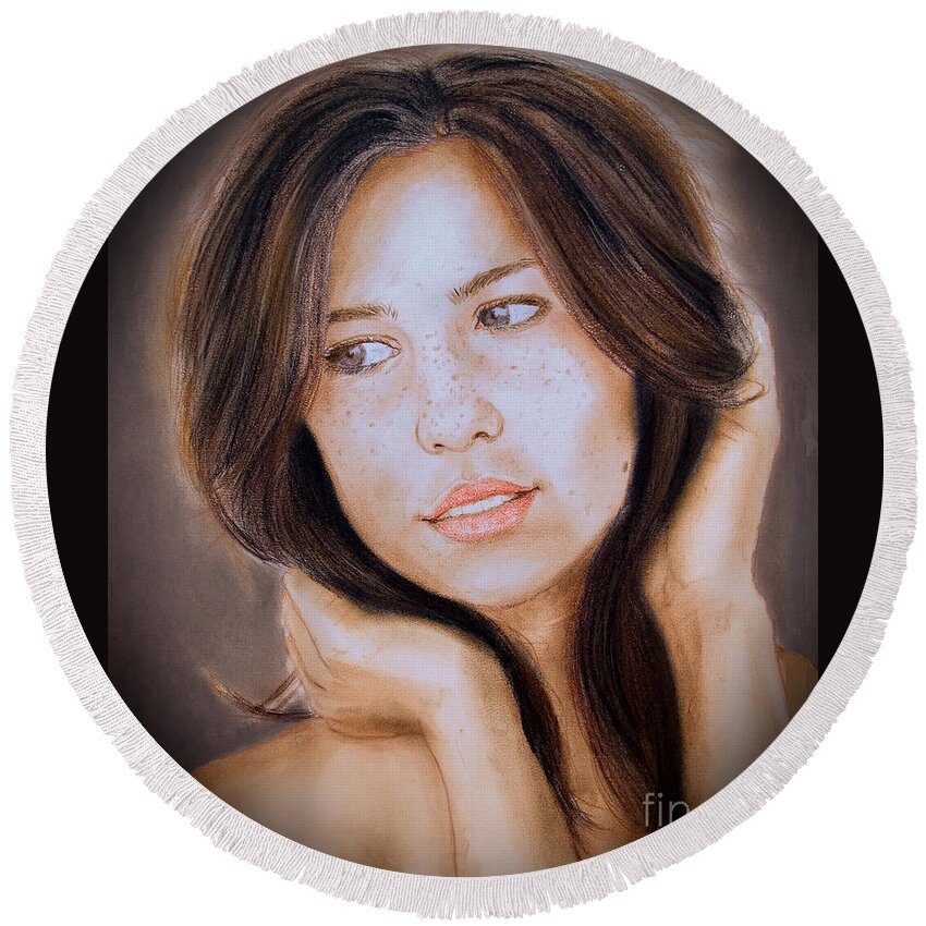 Model Round Beach Towel featuring the digital art Brown Haired and Lightly Freckled Beauty Fade to Black Version by Jim Fitzpatrick