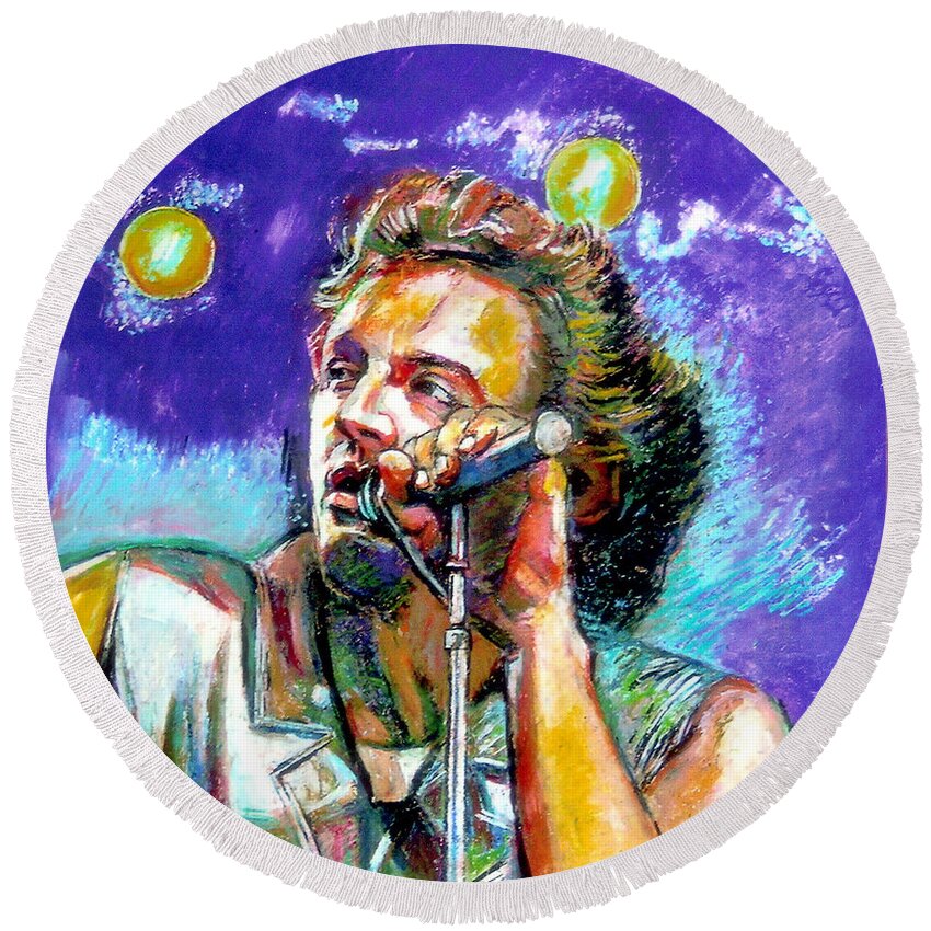 Bruce Sprinsteen Round Beach Towel featuring the painting Bruce Springsteen by Stan Esson