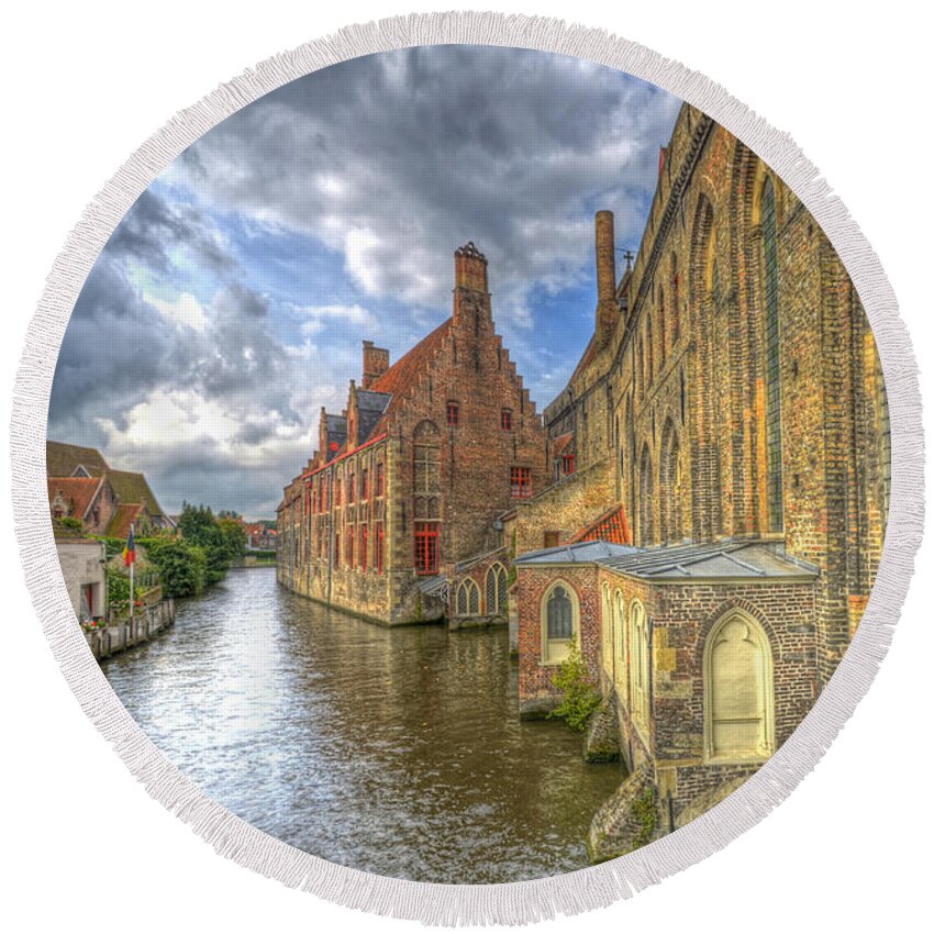 Belgian Round Beach Towel featuring the photograph Bruges Canal and Buildings by Claudio Bacinello