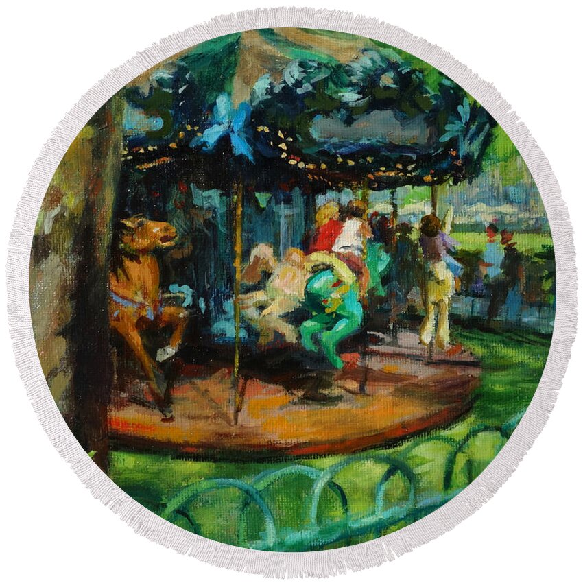 Landscape Round Beach Towel featuring the painting Bryant Park - The Carousel by Peter Salwen