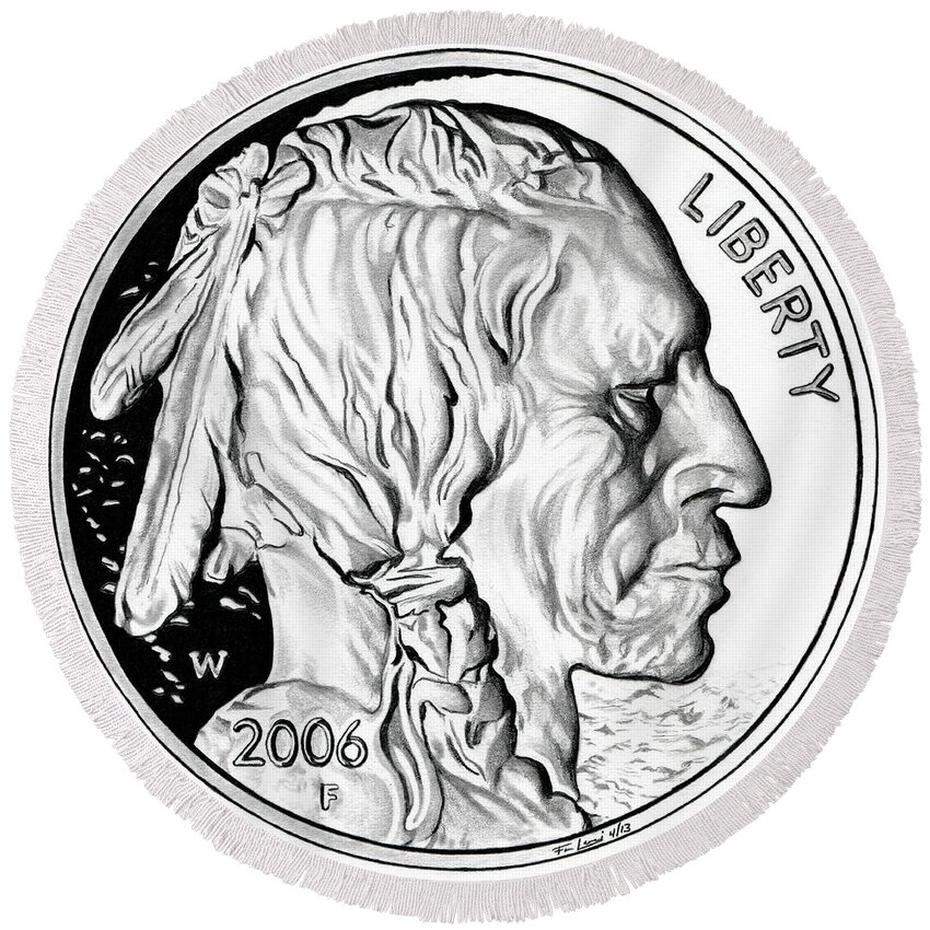 United States Mint Round Beach Towel featuring the drawing Buffalo Nickel by Fred Larucci