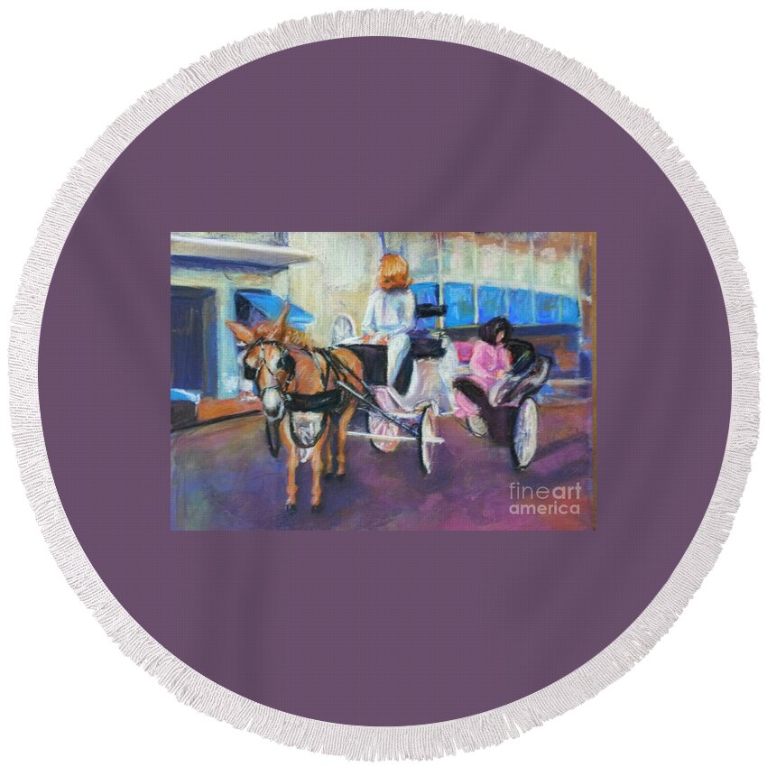 New Orleans Round Beach Towel featuring the painting Buggy on Bourbon Street by Beverly Boulet
