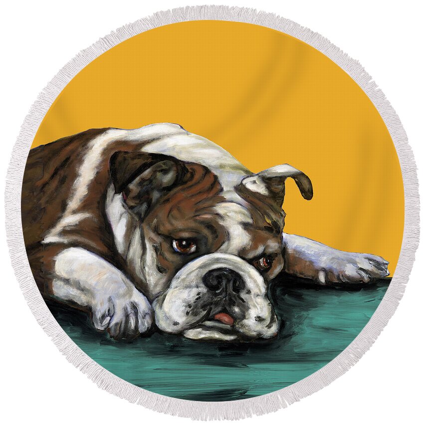 Bull Dog Round Beach Towel featuring the painting Bulldog On Yellow by Dale Moses