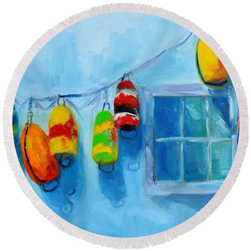 Painted Buoys Round Beach Towel featuring the painting Painted Buoys and Boat Floats by Patricia Awapara