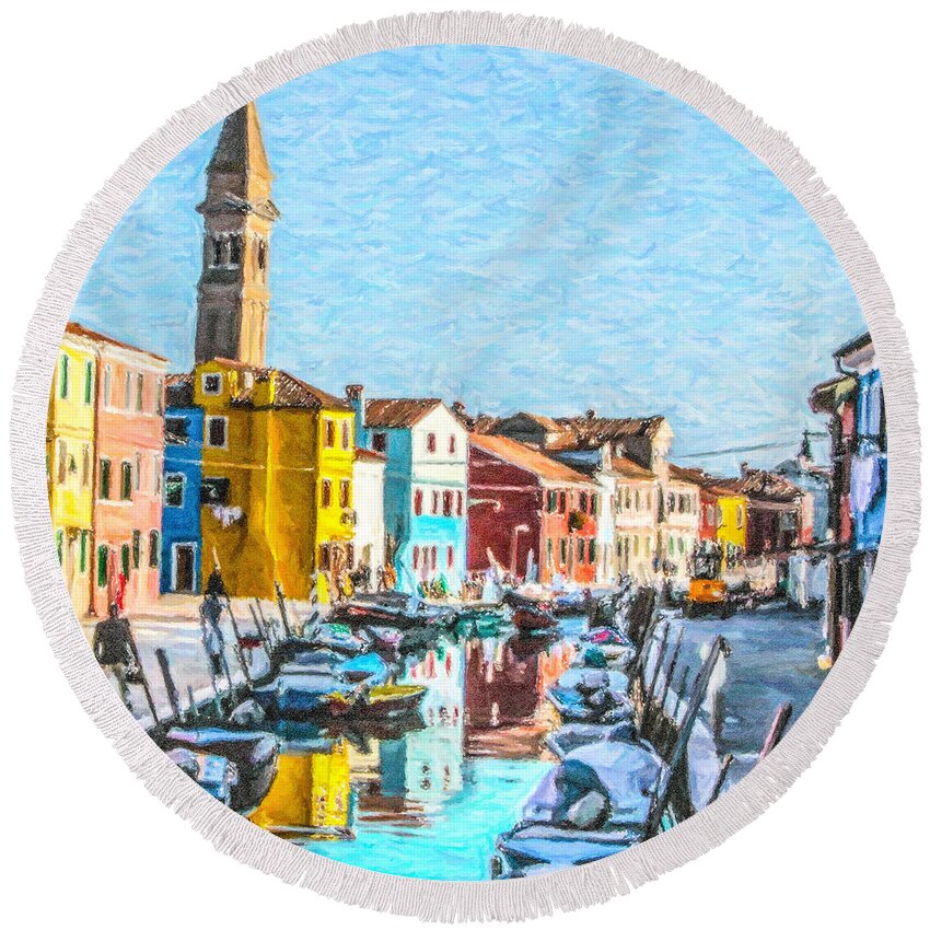 Chiesa San Martino Round Beach Towel featuring the digital art Burano canal by Liz Leyden