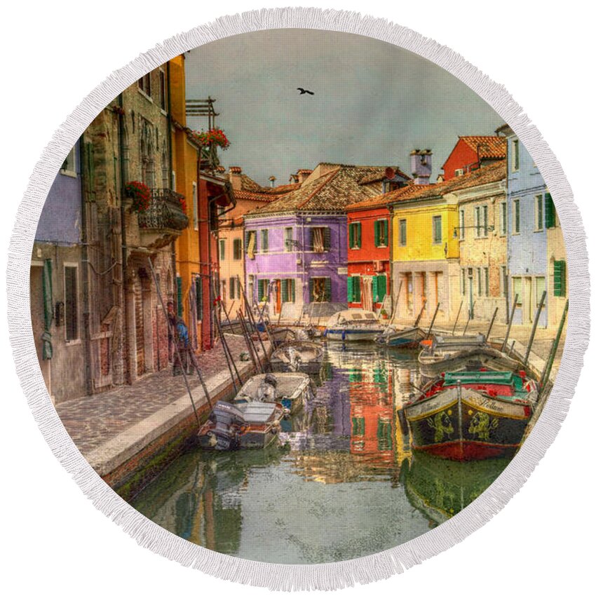 Susaneileenevans Round Beach Towel featuring the mixed media Burano by Susan Eileen Evans