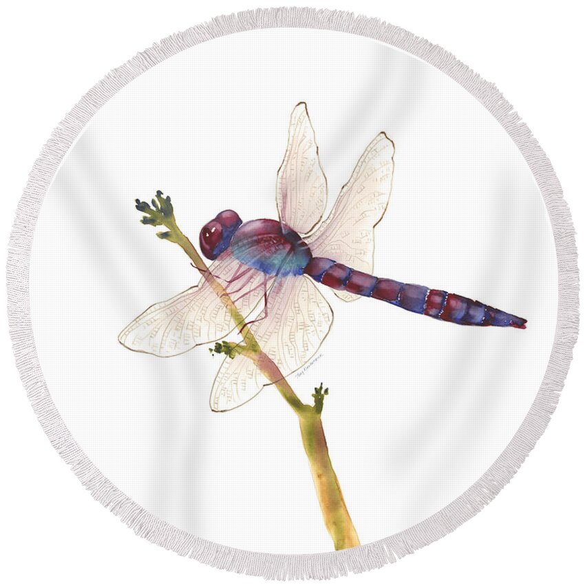 Red Round Beach Towel featuring the painting Burgundy Dragonfly by Amy Kirkpatrick