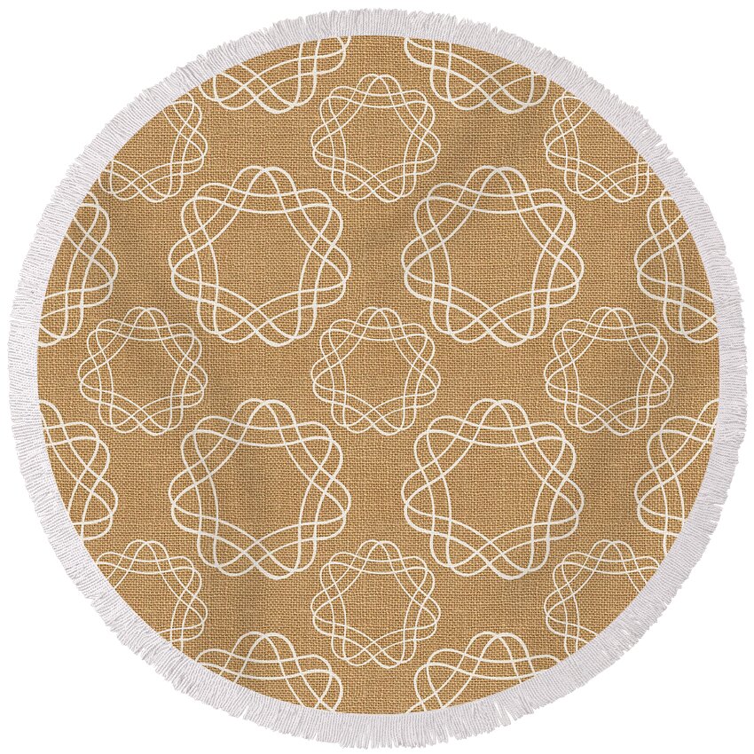 Burlap Round Beach Towel featuring the mixed media Burlap and White Geometric Flowers by Linda Woods
