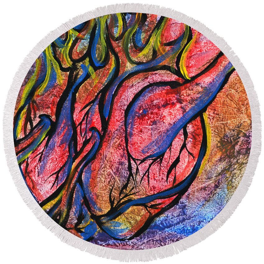 Hearts Round Beach Towel featuring the painting Burning Hearts by Meganne Peck